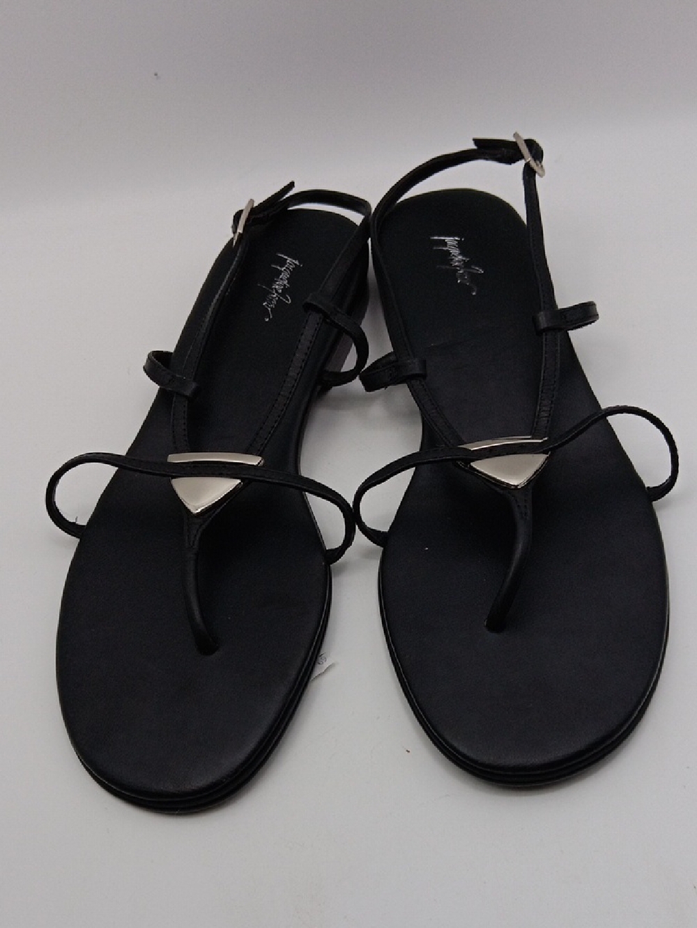 BLACK WOMEN'S LEATHER T-STRAP SANDALS WITH SILVER ACCENT SIZE 8